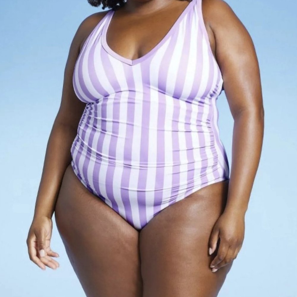 NEW! PLUS SIZE Kona Sol Purple/White Striped One-Piece Swimsuit